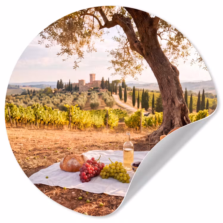Picknick - Wijngaard - Landschap - Zomer - Eten Wandcirkel behangsticker klein -3d