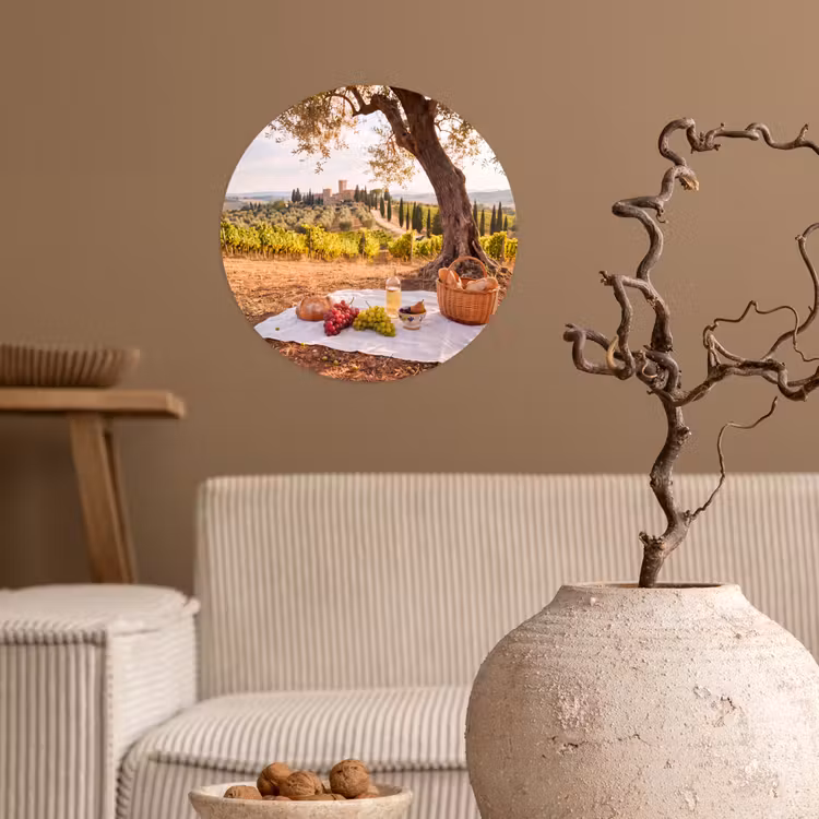 Picknick - Wijngaard - Landschap - Zomer - Eten Wandcirkel behangsticker klein -sfeer1
