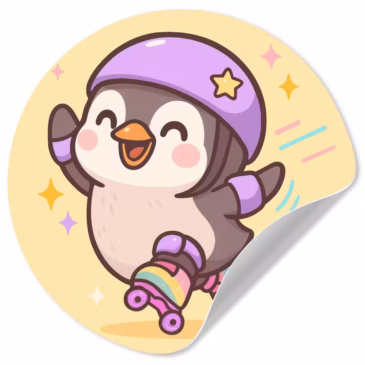 Pinguïn - Rolschaatsen - Geel - Energiek Wandcirkel behangsticker klein -3d