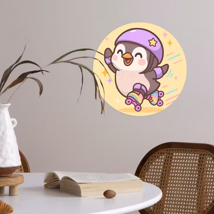 Pinguïn - Rolschaatsen - Geel - Energiek Wandcirkel behangsticker klein -sfeer3