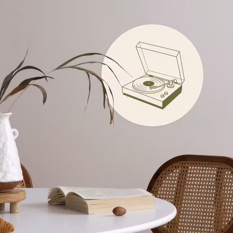 Platenspeler - Vinyl - Muziek - Minimalistisch - Groen Wandcirkel behangsticker klein -sfeer3