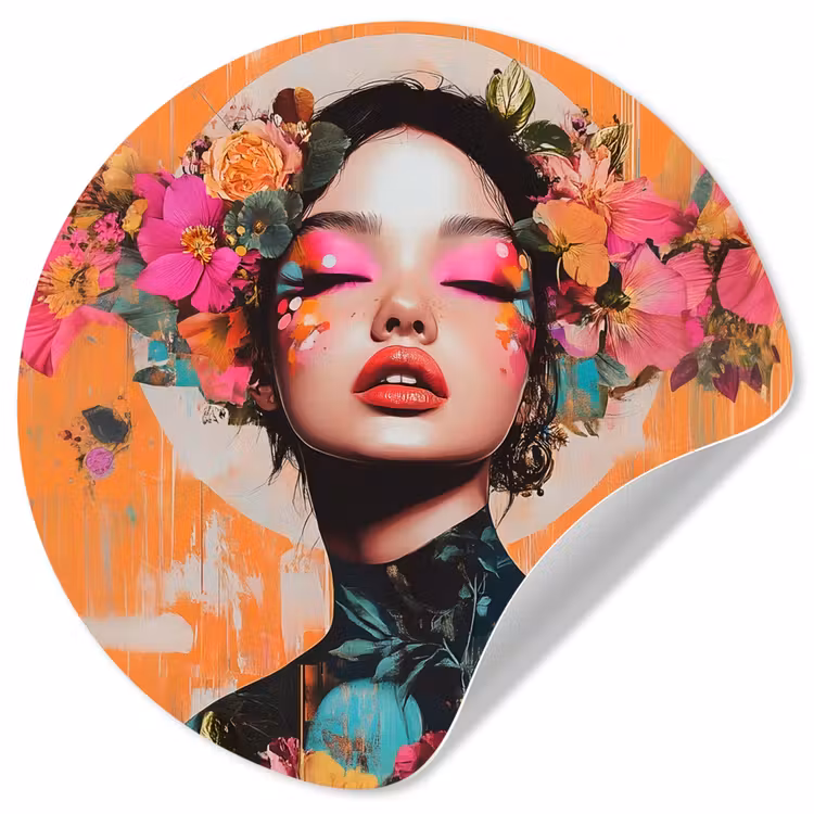 Portret - Vrouw - Abstract - Bloemen Wandcirkel behangsticker klein -3d