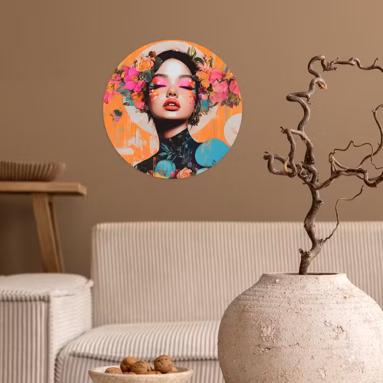 Portret - Vrouw - Abstract - Bloemen Wandcirkel behangsticker klein -sfeer1