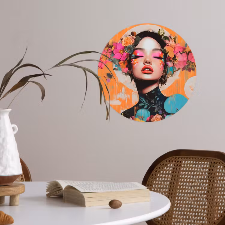 Portret - Vrouw - Abstract - Bloemen Wandcirkel behangsticker klein -sfeer3