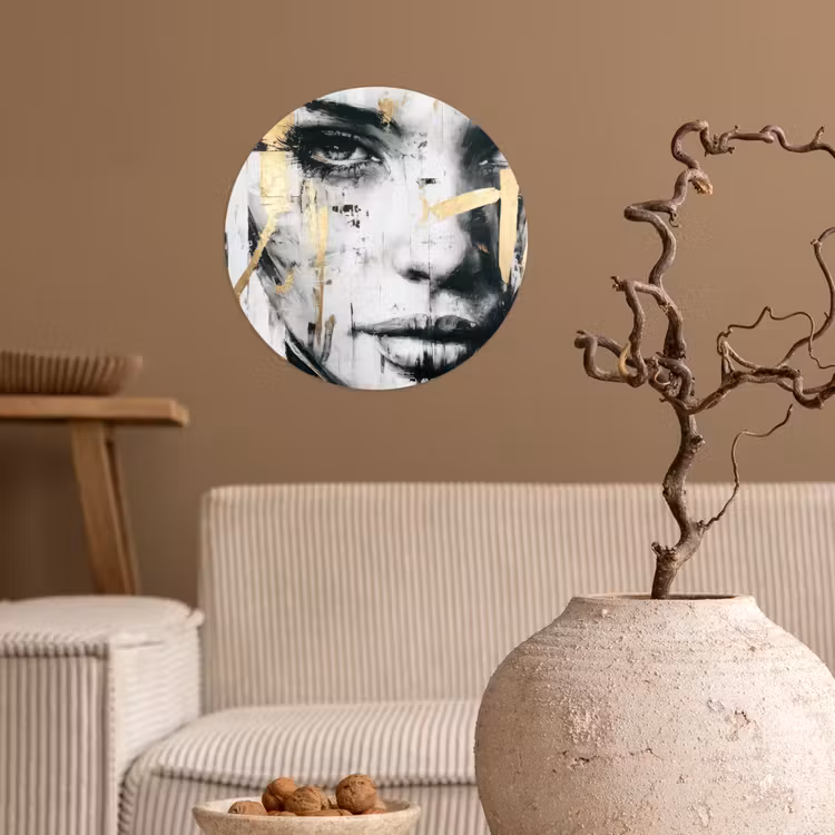 Portret - Vrouw - Penseelstreken - Goud Wandcirkel behangsticker klein -sfeer1