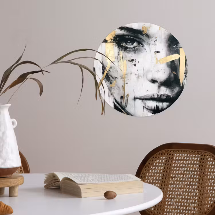 Portret - Vrouw - Penseelstreken - Goud Wandcirkel behangsticker klein -sfeer3