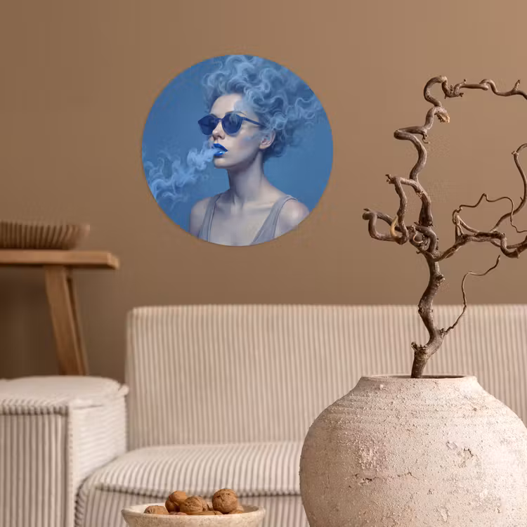 Portret - Zonnebril - Rook - Abstract - Blauw Wandcirkel behangsticker klein -sfeer1