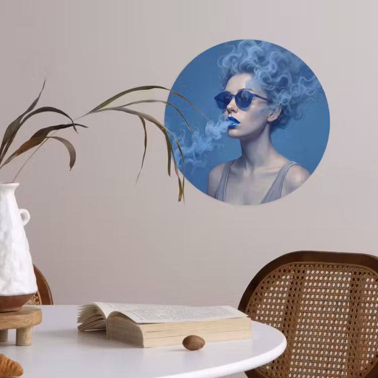 Portret - Zonnebril - Rook - Abstract - Blauw Wandcirkel behangsticker klein -sfeer3