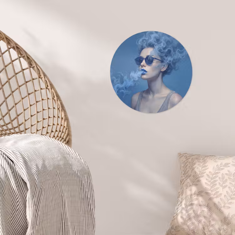 Portret - Zonnebril - Rook - Abstract - Blauw Wandcirkel behangsticker klein -sfeer4