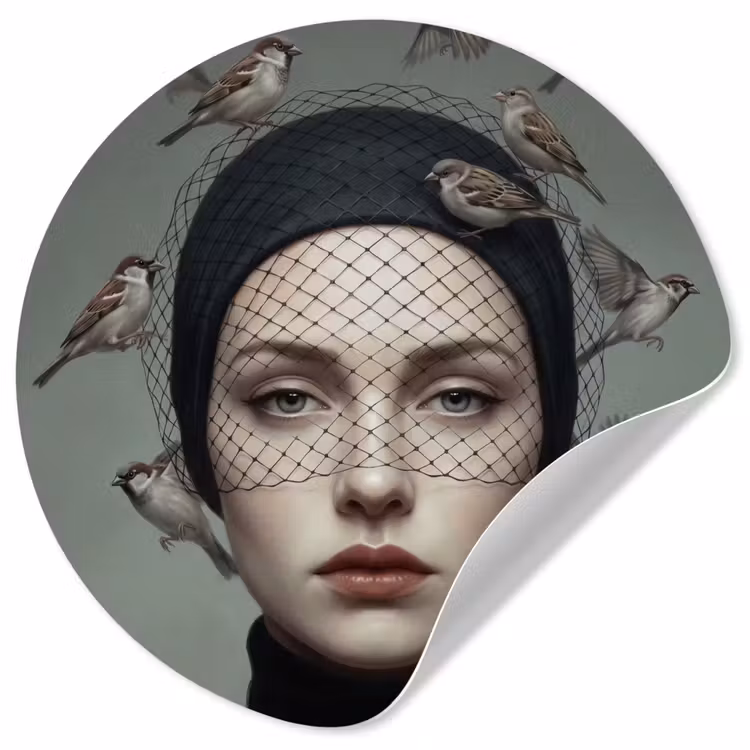 Portret - Vogels - Zwart Wandcirkel behangsticker klein -3d