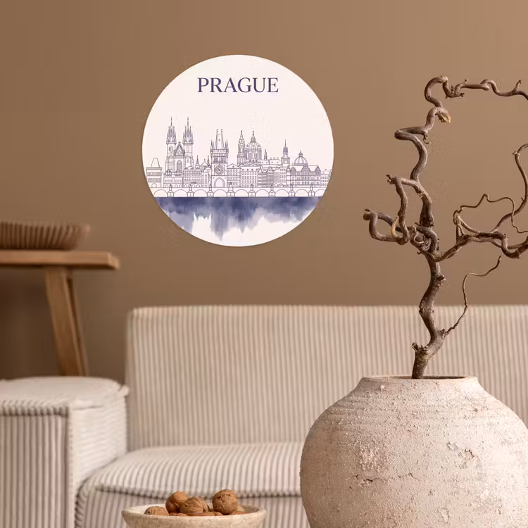 Praag - Skyline - Architectuur - Blauw Wandcirkel behangsticker klein -sfeer1