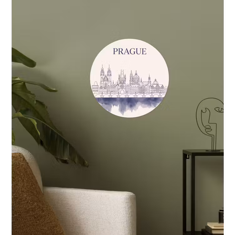 Praag - Skyline - Architectuur - Blauw Wandcirkel behangsticker klein -sfeer2