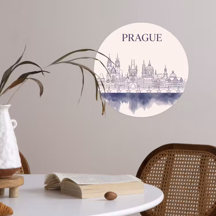 Praag - Skyline - Architectuur - Blauw Wandcirkel behangsticker klein -sfeer3