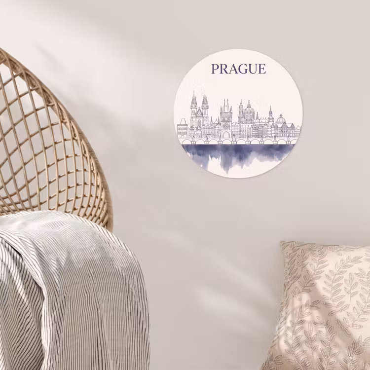 Praag - Skyline - Architectuur - Blauw Wandcirkel behangsticker klein -sfeer4