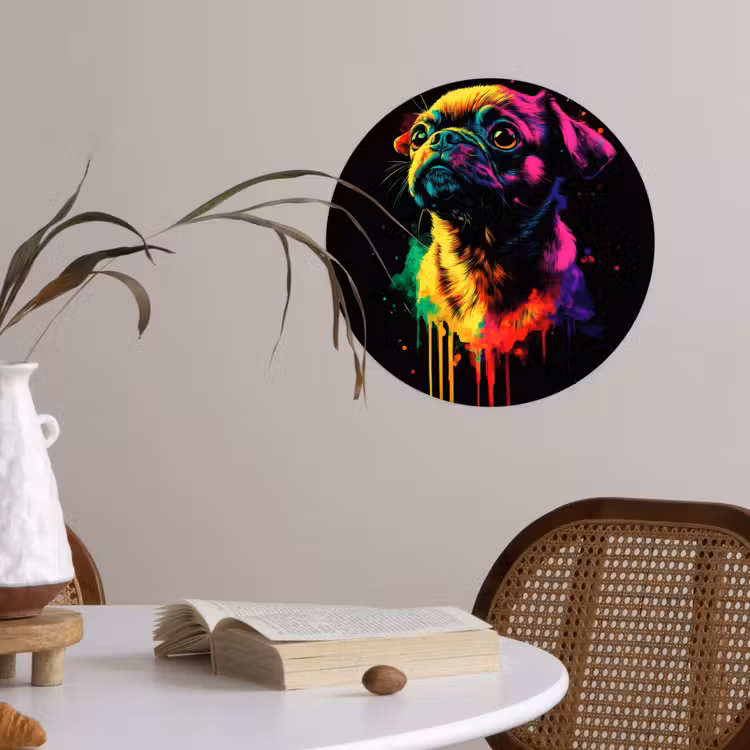 Puck - Hond - Verf - Kleuren Wandcirkel behangsticker klein -sfeer3