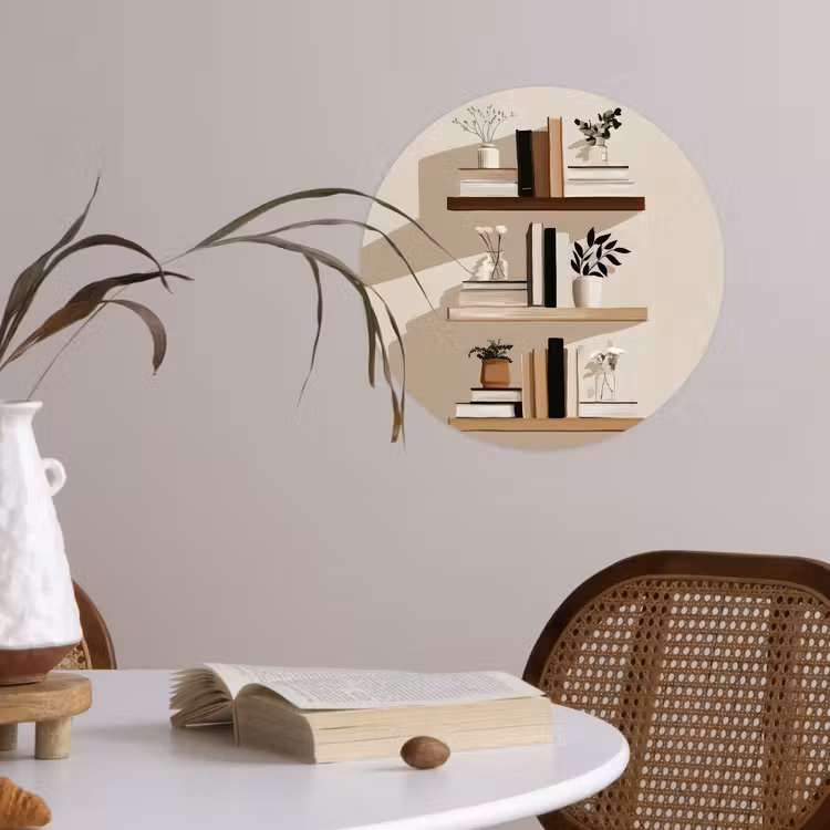 Plankjes - Boeken - Vaasjes - Planten Wandcirkel behangsticker klein -sfeer3