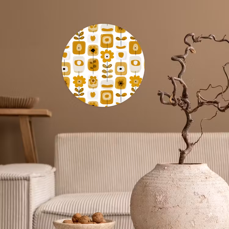 Retro - Abstract - Bloemen - Okergeel Wandcirkel behangsticker klein 186 -sfeer1