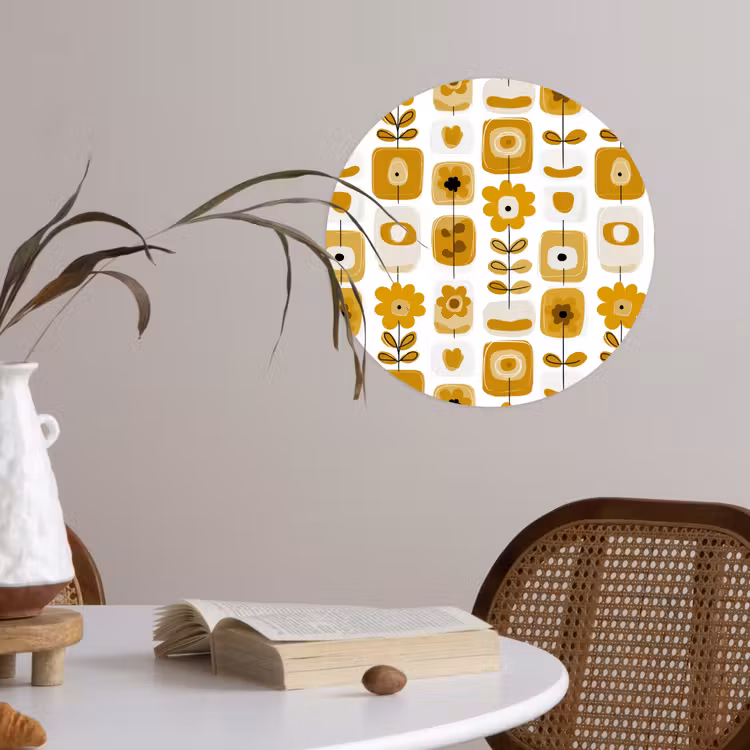 Retro - Abstract - Bloemen - Okergeel Wandcirkel behangsticker klein 186 -sfeer3