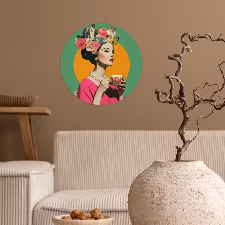 Retro - Vrouw - Stad - Zon Wandcirkel behangsticker klein -sfeer1