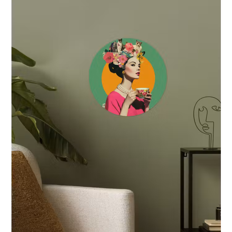 Retro - Vrouw - Stad - Zon Wandcirkel behangsticker klein -sfeer2