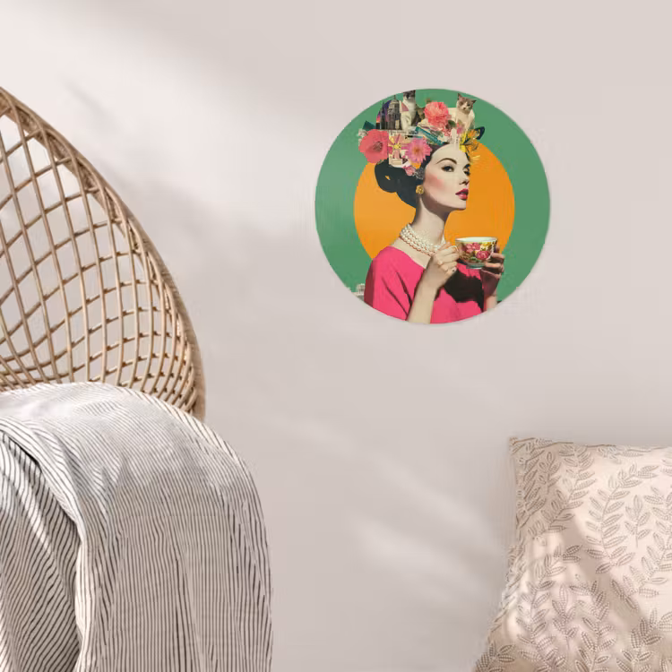 Retro - Vrouw - Stad - Zon Wandcirkel behangsticker klein -sfeer4
