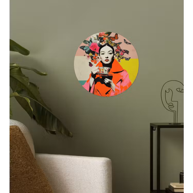 Retro - Vrouw - Kopje - Vlinders Wandcirkel behangsticker klein -sfeer2