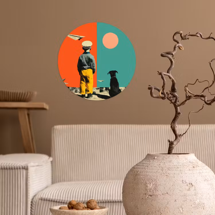 Retro - Jongen - Hond - Rood - Groen Wandcirkel behangsticker klein -sfeer1
