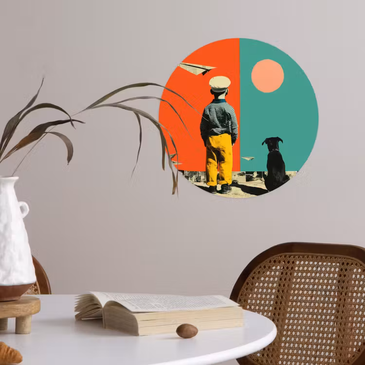Retro - Jongen - Hond - Rood - Groen Wandcirkel behangsticker klein -sfeer3