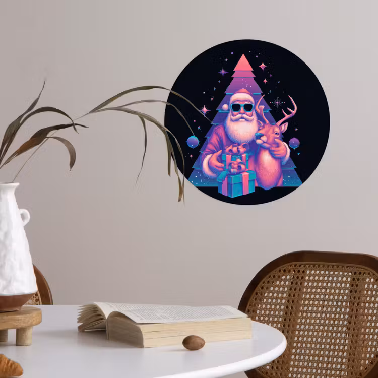 Retro - Kerstman - Rendieren - Kerstboom Wandcirkel behangsticker klein -sfeer3