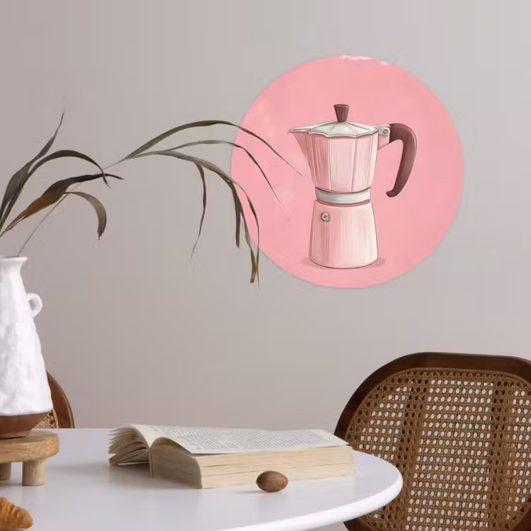 Roze - Mokkapot - Illustratie - Koffie Wandcirkel behangsticker klein -sfeer3