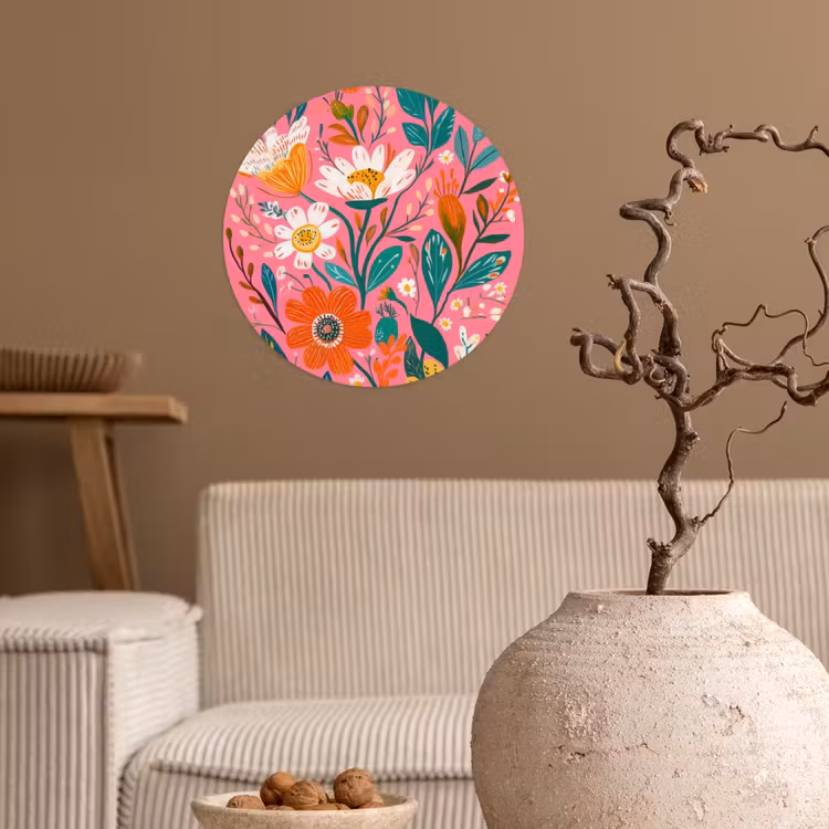 Roze - Bloemen - Wit - Oranje Wandcirkel behangsticker klein -sfeer1