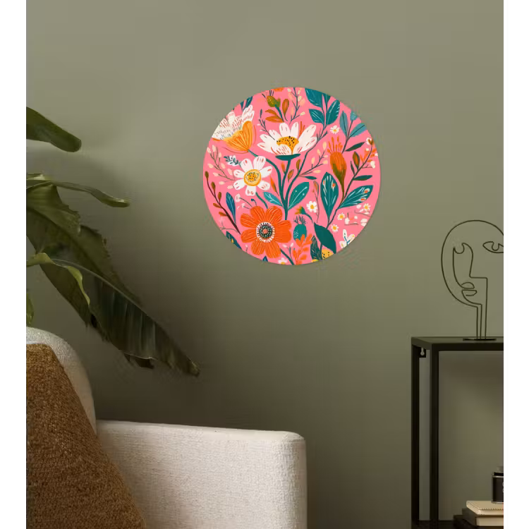 Roze - Bloemen - Wit - Oranje Wandcirkel behangsticker klein -sfeer2