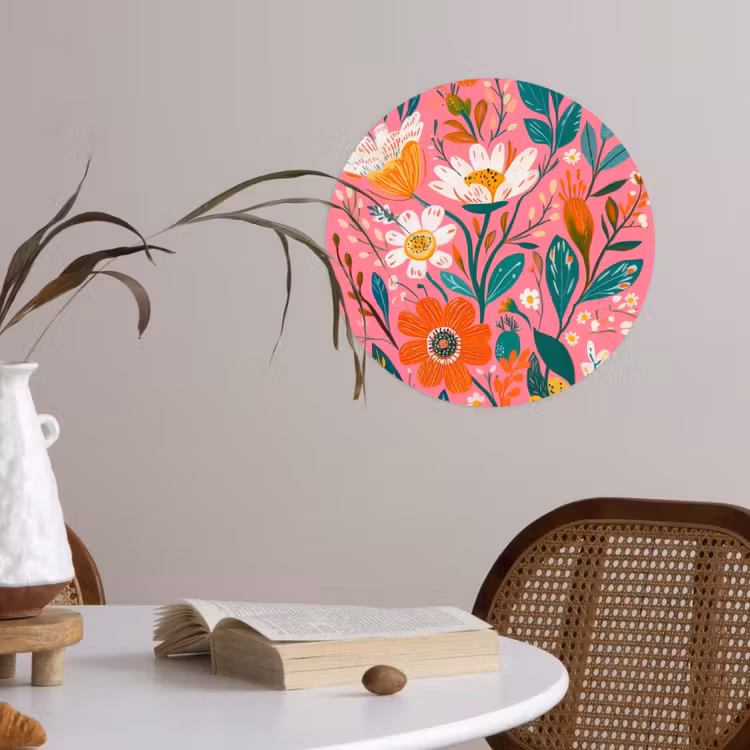 Roze - Bloemen - Wit - Oranje Wandcirkel behangsticker klein -sfeer3