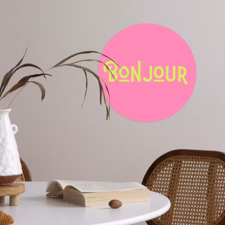 Roze - Groene Bonjour - art-deco Wandcirkel behangsticker klein -sfeer3