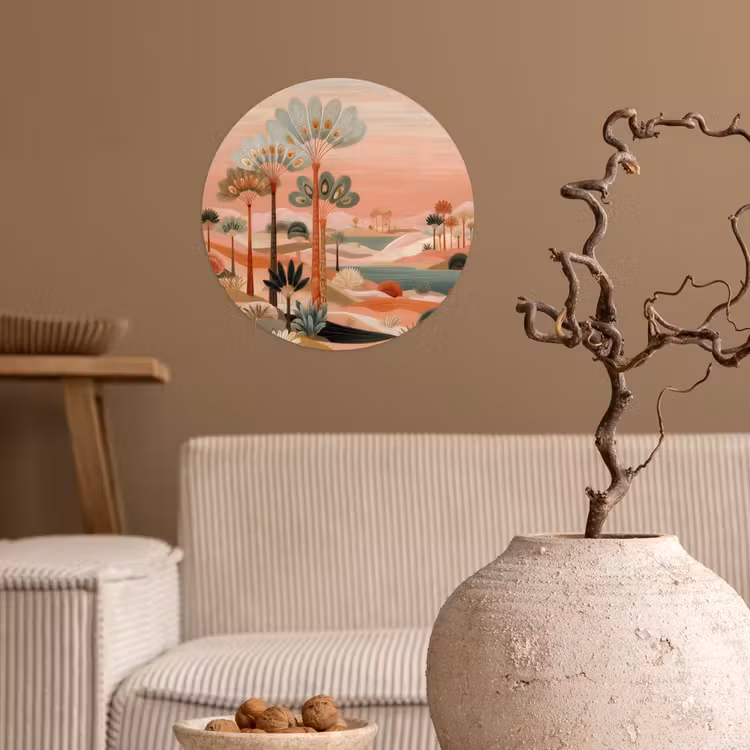 Roze landschap - Palmen - Water Wandcirkel behangsticker klein -sfeer1