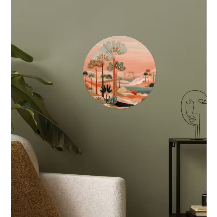 Roze landschap - Palmen - Water Wandcirkel behangsticker klein -sfeer2