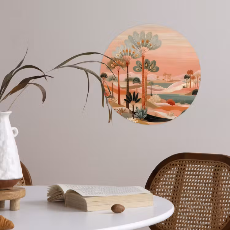 Roze landschap - Palmen - Water Wandcirkel behangsticker klein -sfeer3