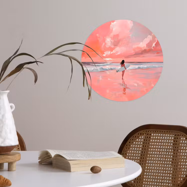 Roze - Surfen - Zee Wandcirkel behangsticker klein -sfeer3