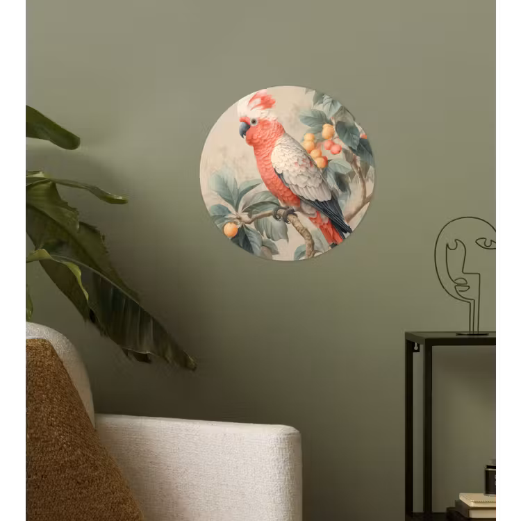 Roze kuifkaketoe - Tak met vruchten - Bladeren Wandcirkel behangsticker klein -sfeer2