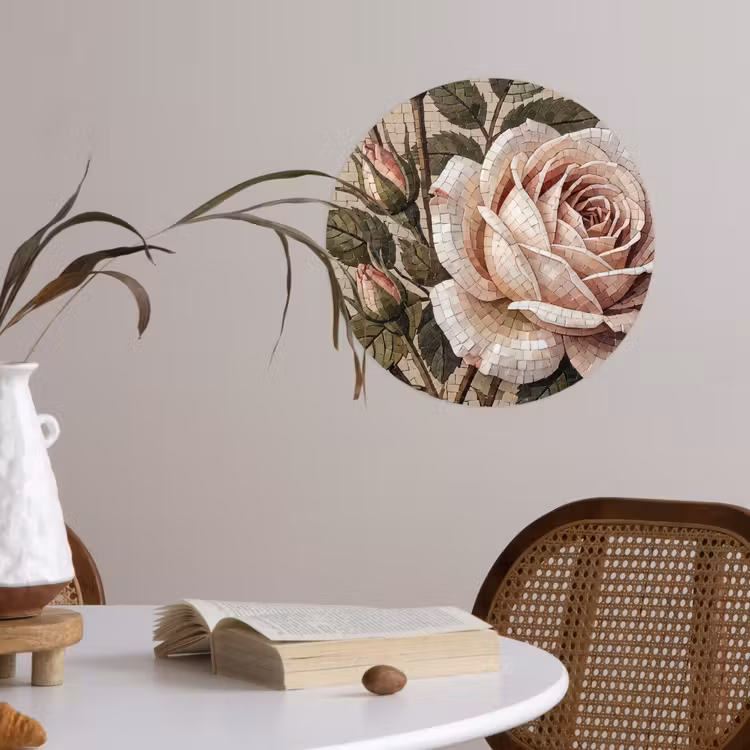 Roos - Mozaïek - Bloemen - Klassiek - Beige Wandcirkel behangsticker klein -sfeer3