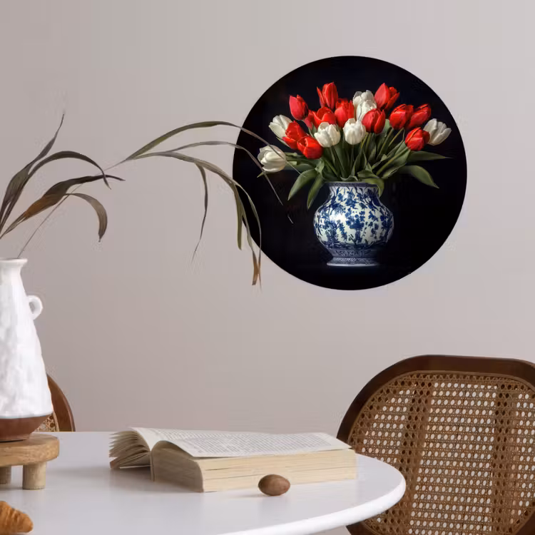 Rode - Bloemen - Tulpen - Vaas Wandcirkel behangsticker klein -sfeer3