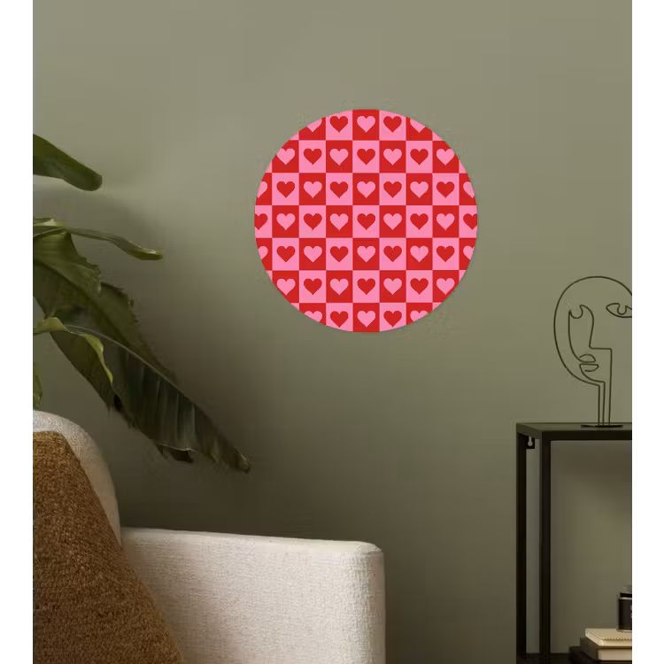 Rood - Roze - Schaakbord - Valentijn Wandcirkel behangsticker klein -sfeer2