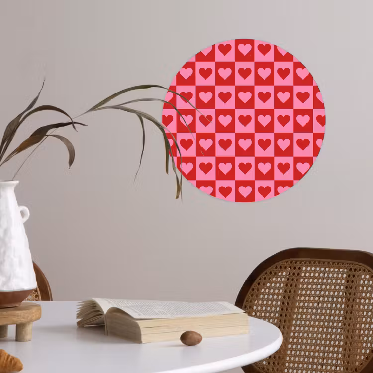 Rood - Roze - Schaakbord - Valentijn Wandcirkel behangsticker klein -sfeer3