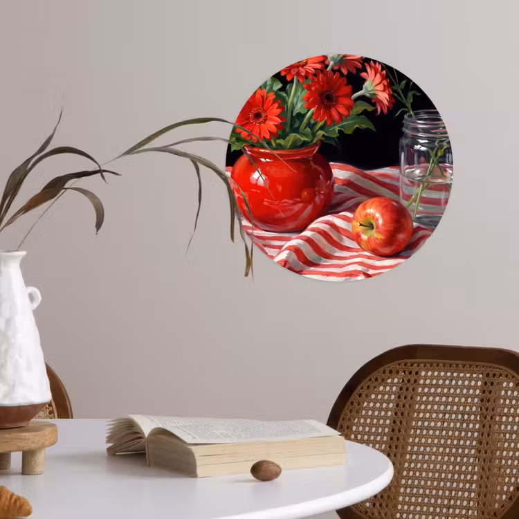 Runde Tapete - Rote Blumen – Vase - Rode bloemen - Vaas Wandcirkel behangsticker klein