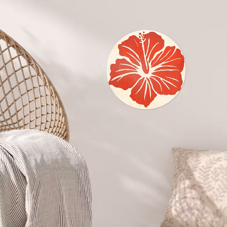 Rode hibiscusbloem - Textuur achtergrond - Beige Wandcirkel behangsticker klein -sfeer4