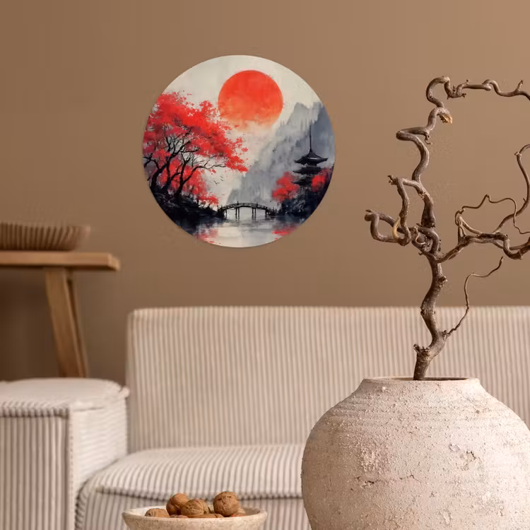 Rode zon - Rivier - brug - Bomen Wandcirkel behangsticker klein -sfeer1