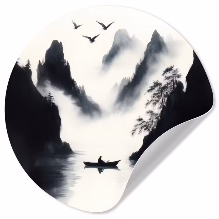 Roeiboot - Mistig - Bergen - Vogels Wandcirkel behangsticker klein -3d