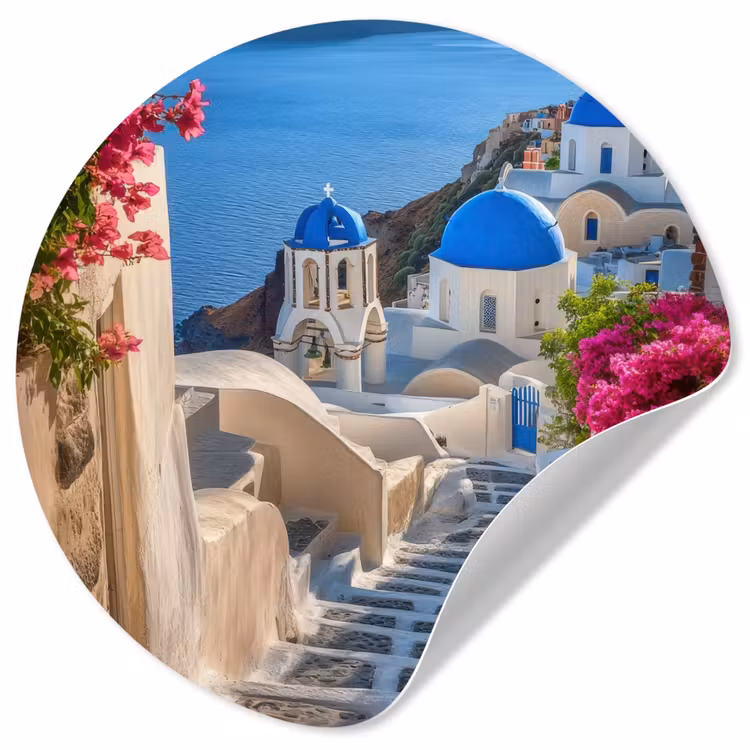 Santorini - Bloemen - Griekenland Wandcirkel behangsticker klein -3d