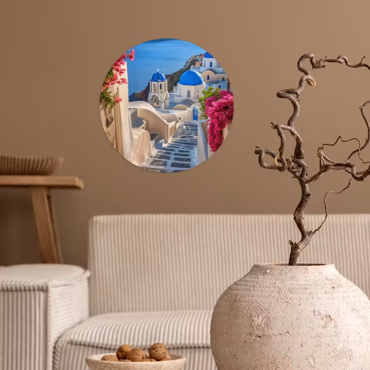 Santorini - Bloemen - Griekenland Wandcirkel behangsticker klein -sfeer1