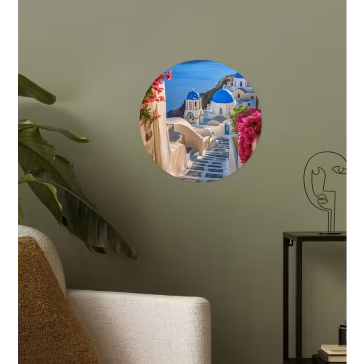 Santorini - Bloemen - Griekenland Wandcirkel behangsticker klein -sfeer2